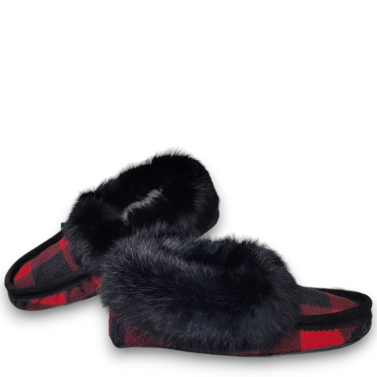 LAURENTIAN CHIEF MOCASSINS FUR TRIM, BEADED, PADDED SOLE - RED/BLACK