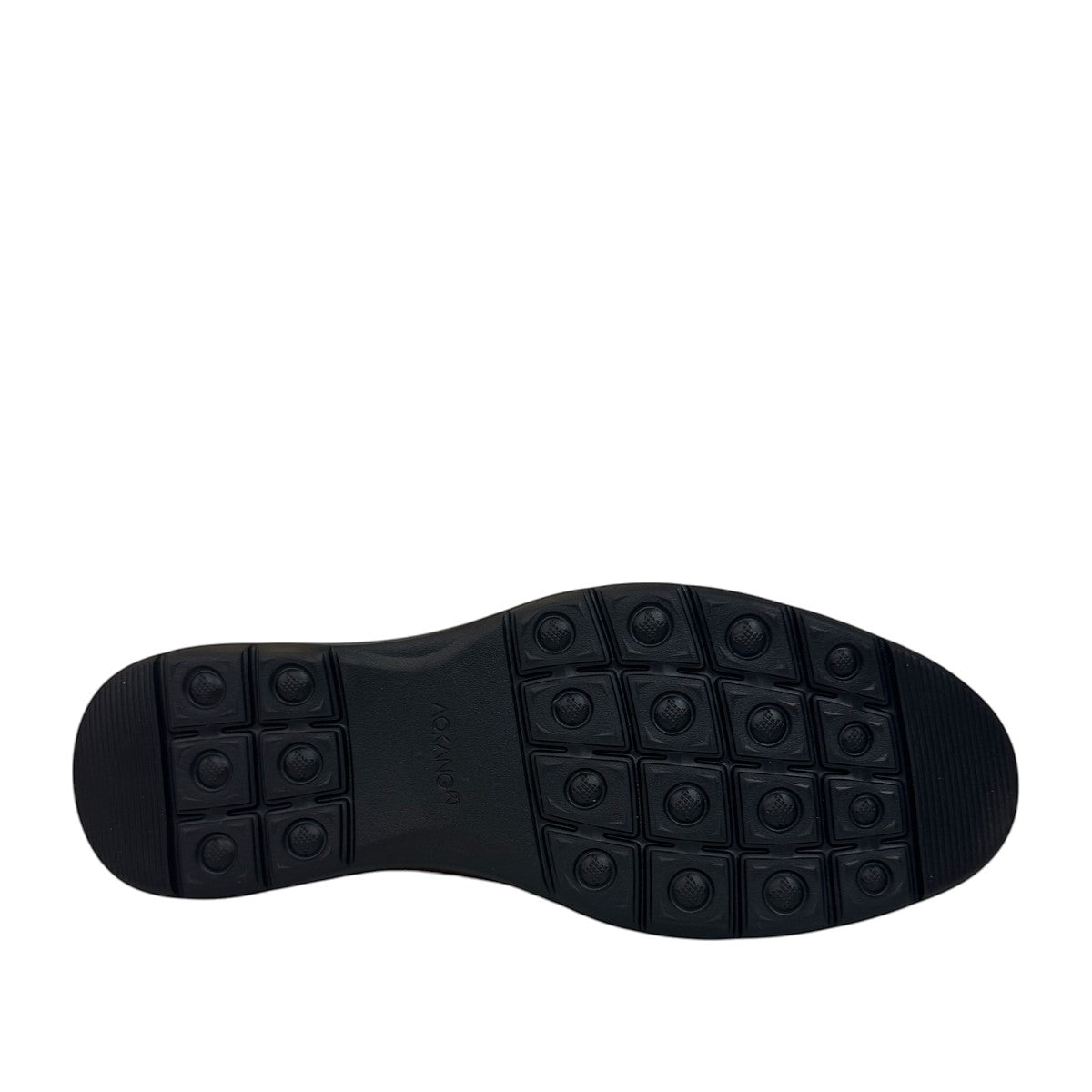 Atropat Aghdasieh brown leather slip-on shoe with handmade stitching and durable black rubber outsole. Photo of bottom view.