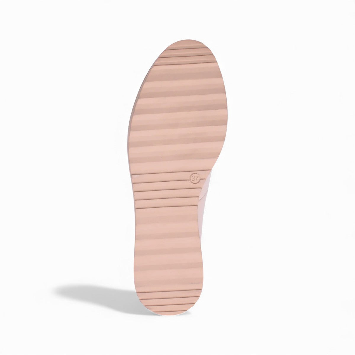 DJANGO & JULIETTE OCLEM cappuccino patent leather platform loafers with a bow detail and low wedge sole. bottom view