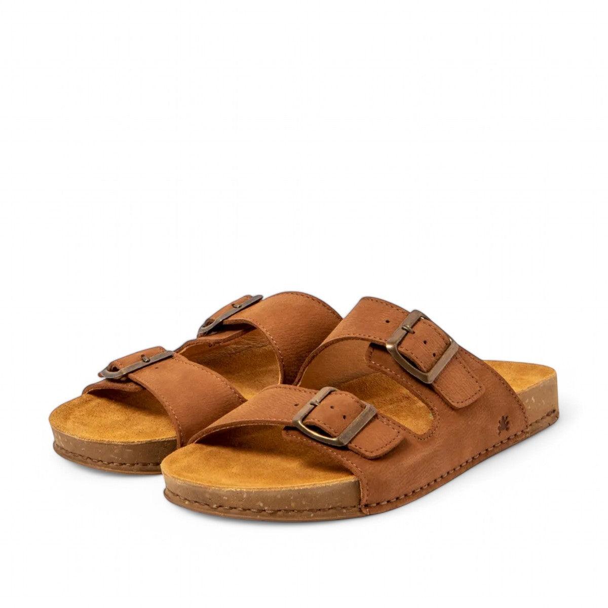 El Naturalista Balance Sion Wood brown suede double-strap slide sandals with bronze buckles