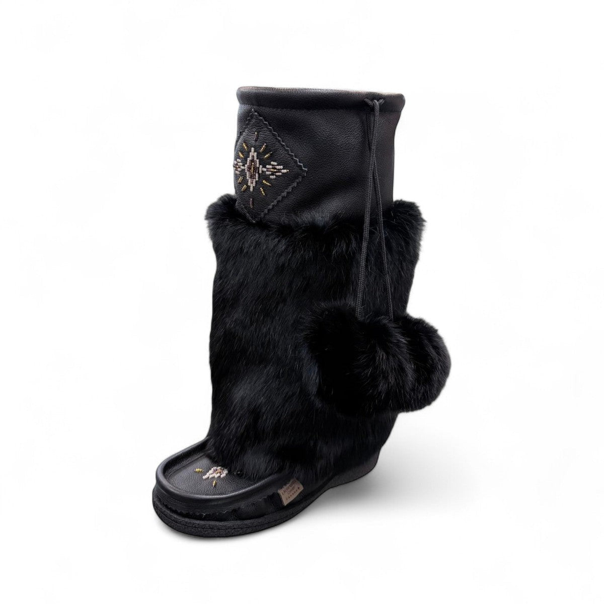 Laurentian Chief Imperial 16-inch black leather boots with fur trim and decorative beadwork