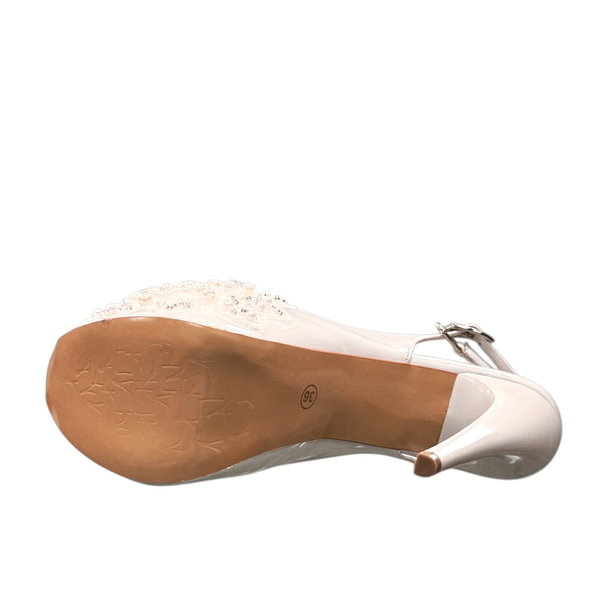 NIKPA ALEX white patent leather slingback platform heel with pearl and sequin floral embellishment