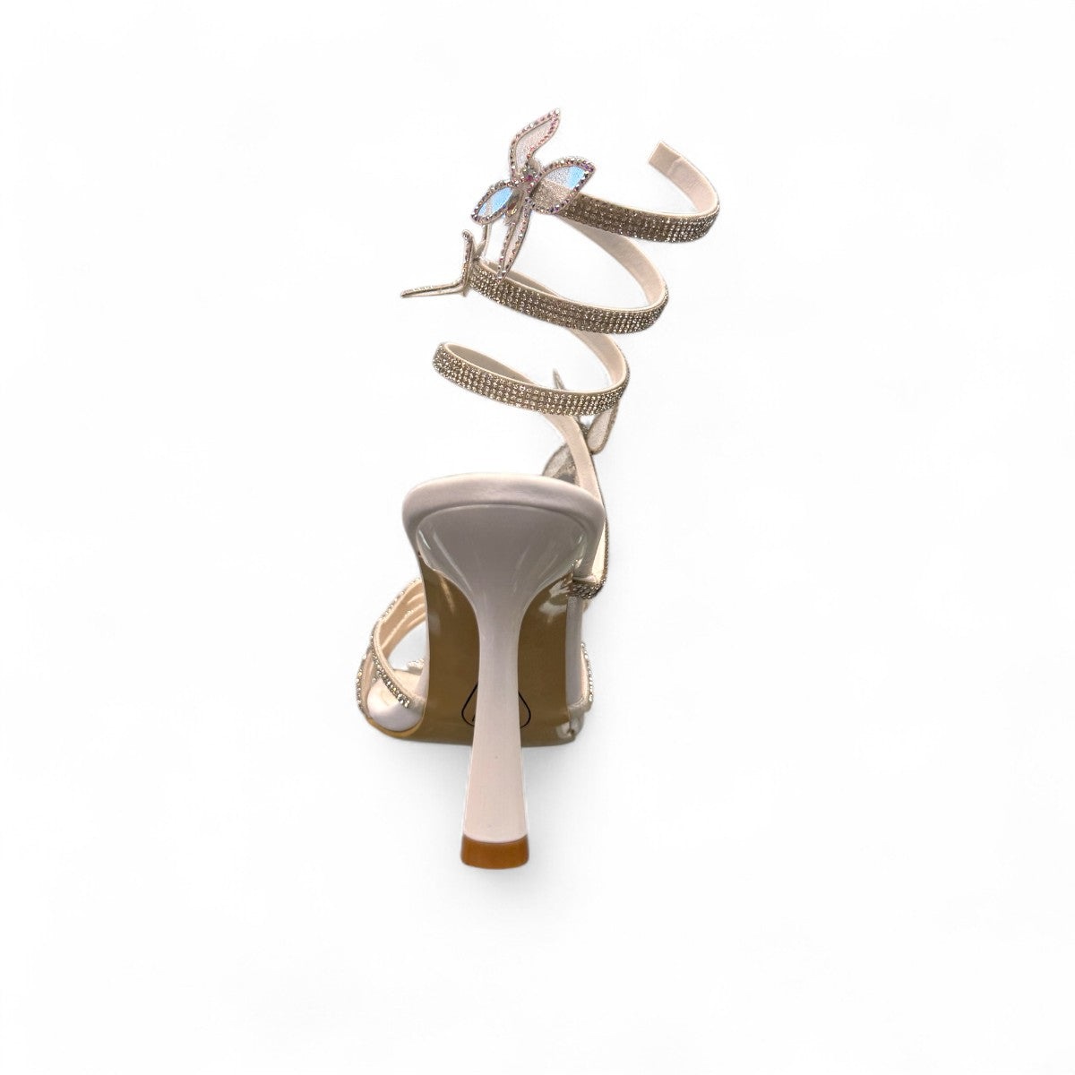 NIKPA ASHLEY white and silver stiletto sandal with rhinestone butterfly accents and spiral ankle strap