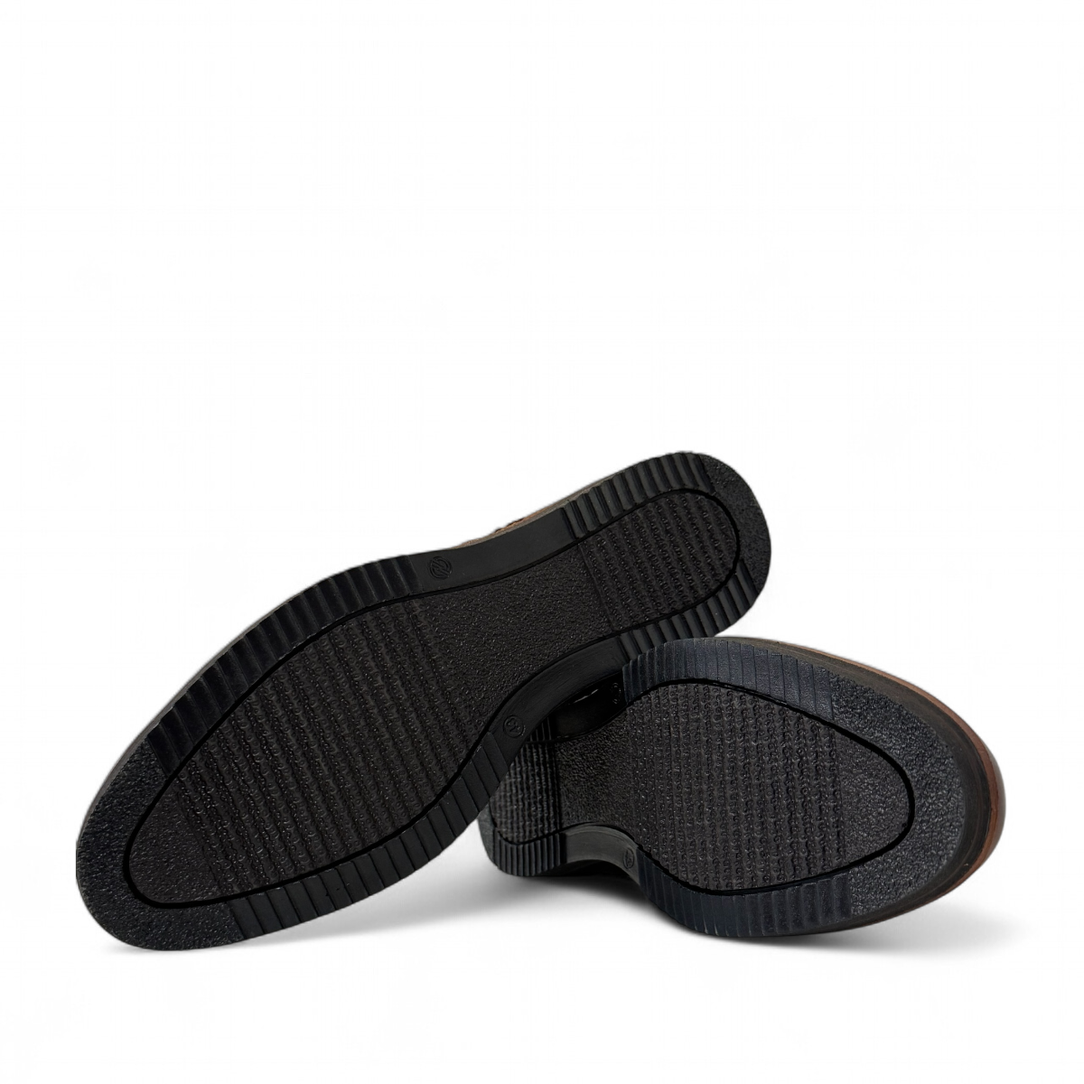 Satel Niavaran brown leather slip-on shoes with handmade stitching and a durable rubber outsole for formal wear. Photo of bottom view.