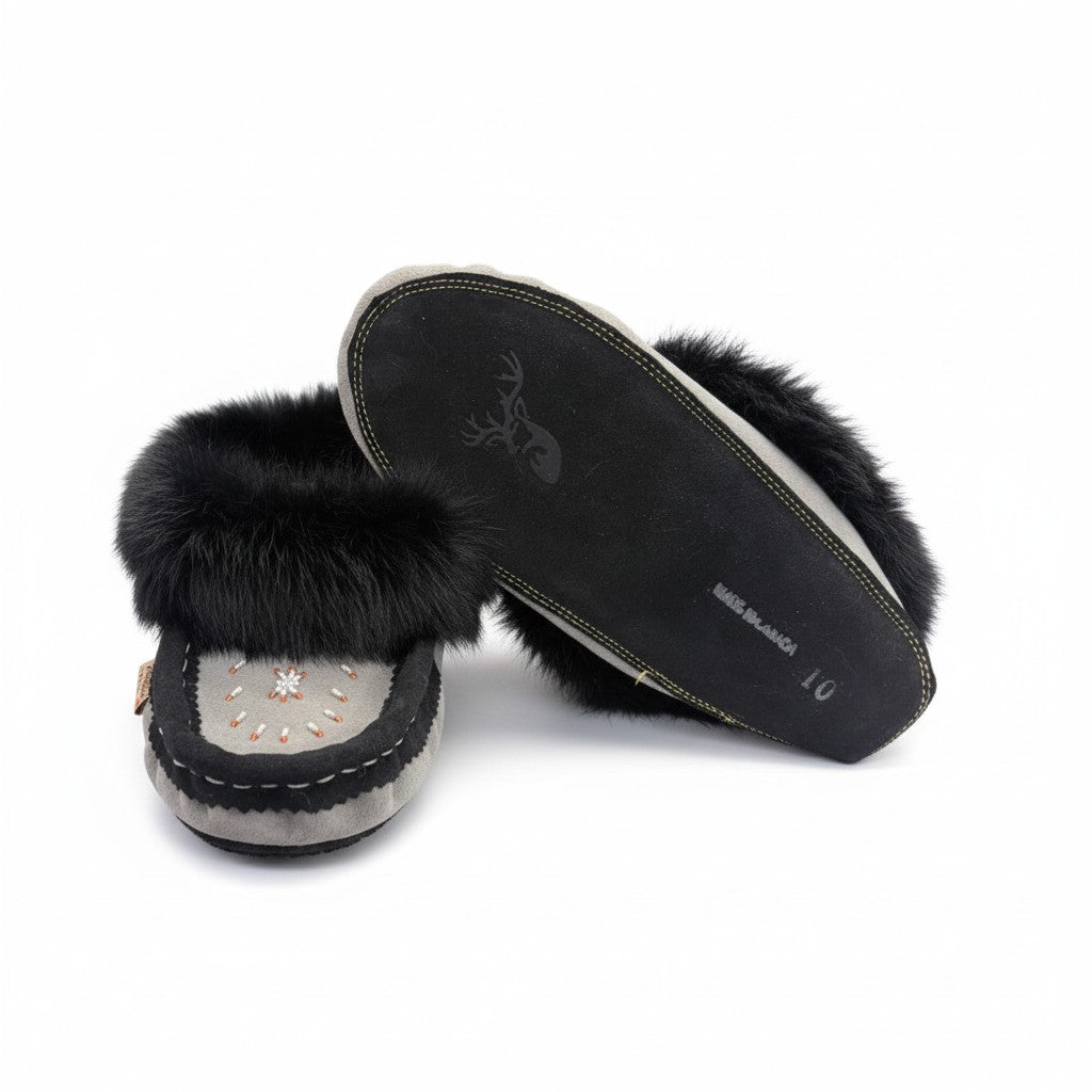 ALBERTA SUEDE MOCCASIN - GREY/BLACK FUR