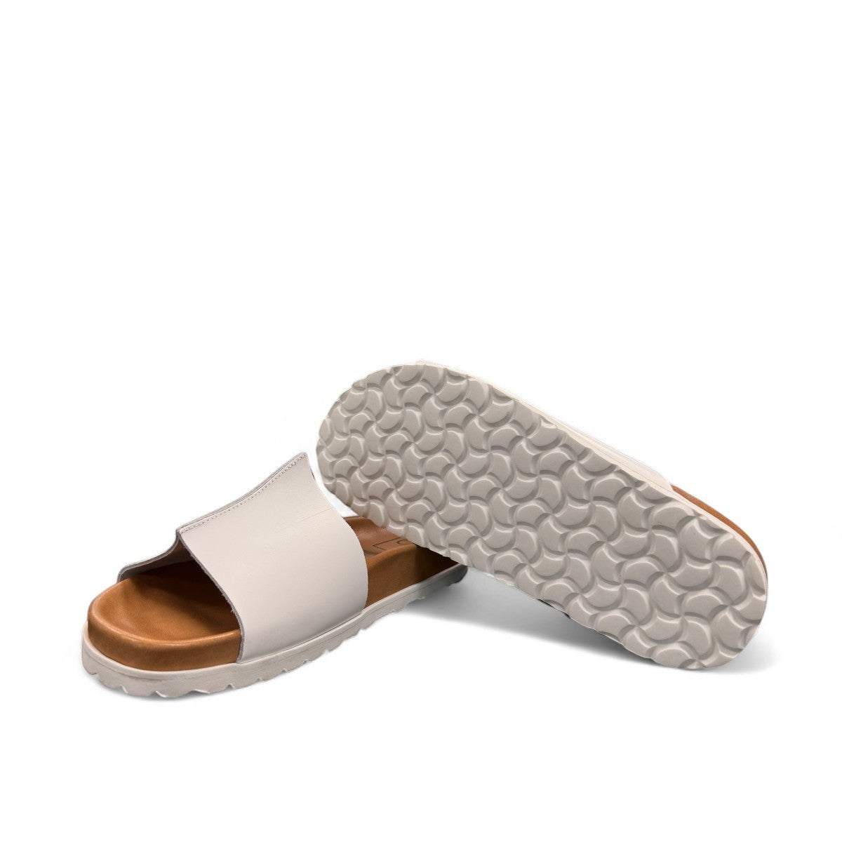 Biotime Eldora white leather slide sandals with cushioned footbed and textured EVA outsole