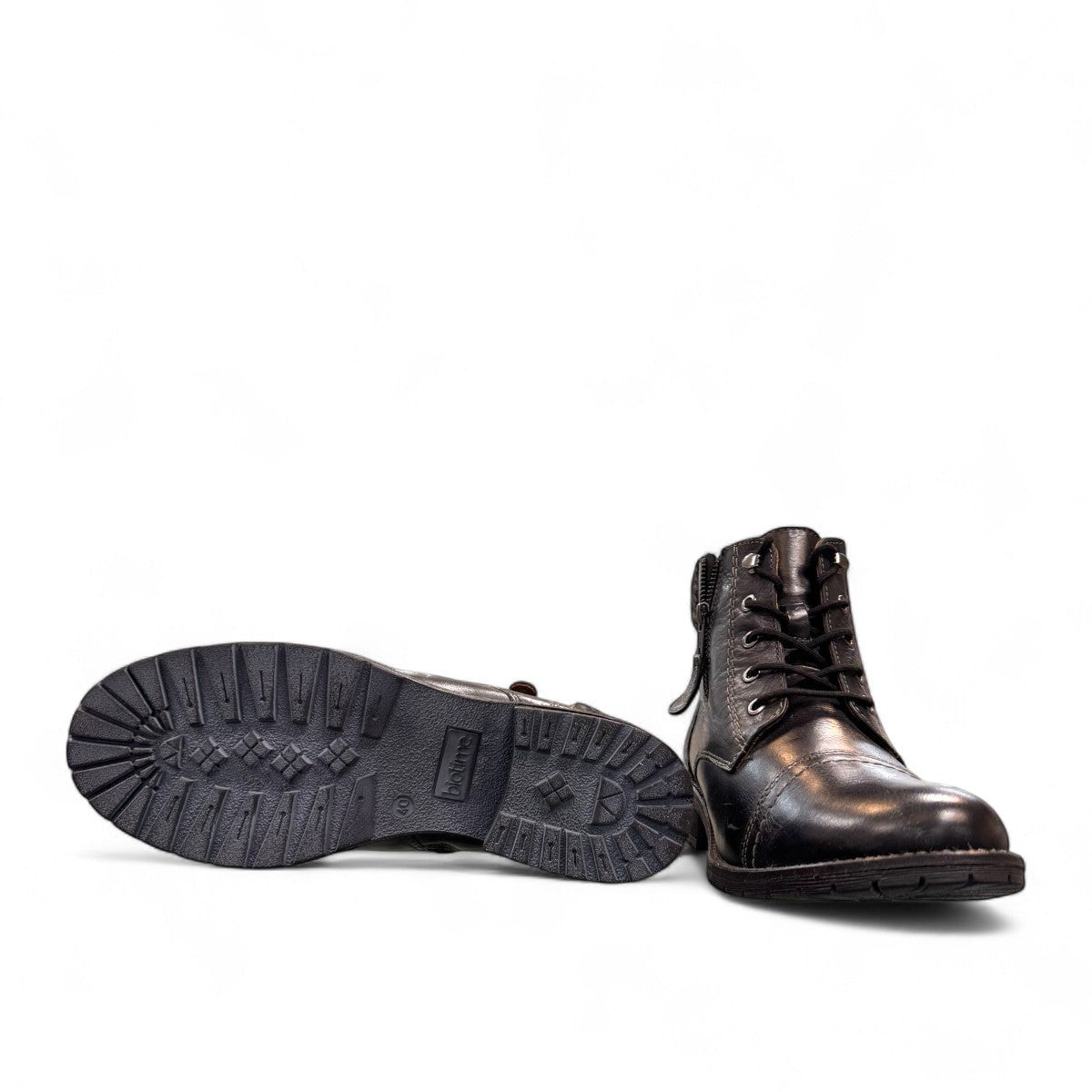 Biotime Stella black leather boots with lace-up front, side zippers, and durable treaded TPR outsoles.