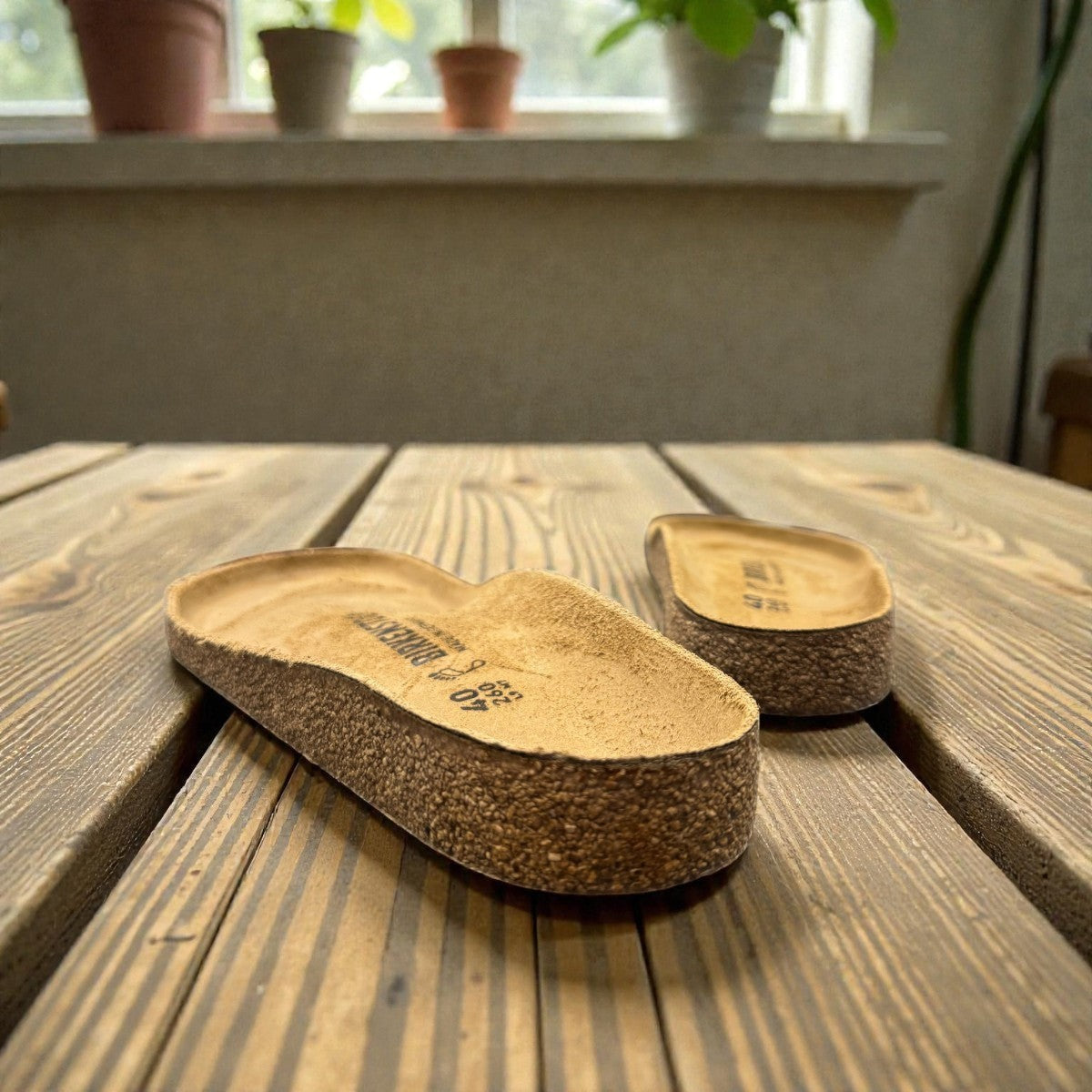 authentic Birkenstock cork footbed replacements for sandal repair on a wooden table