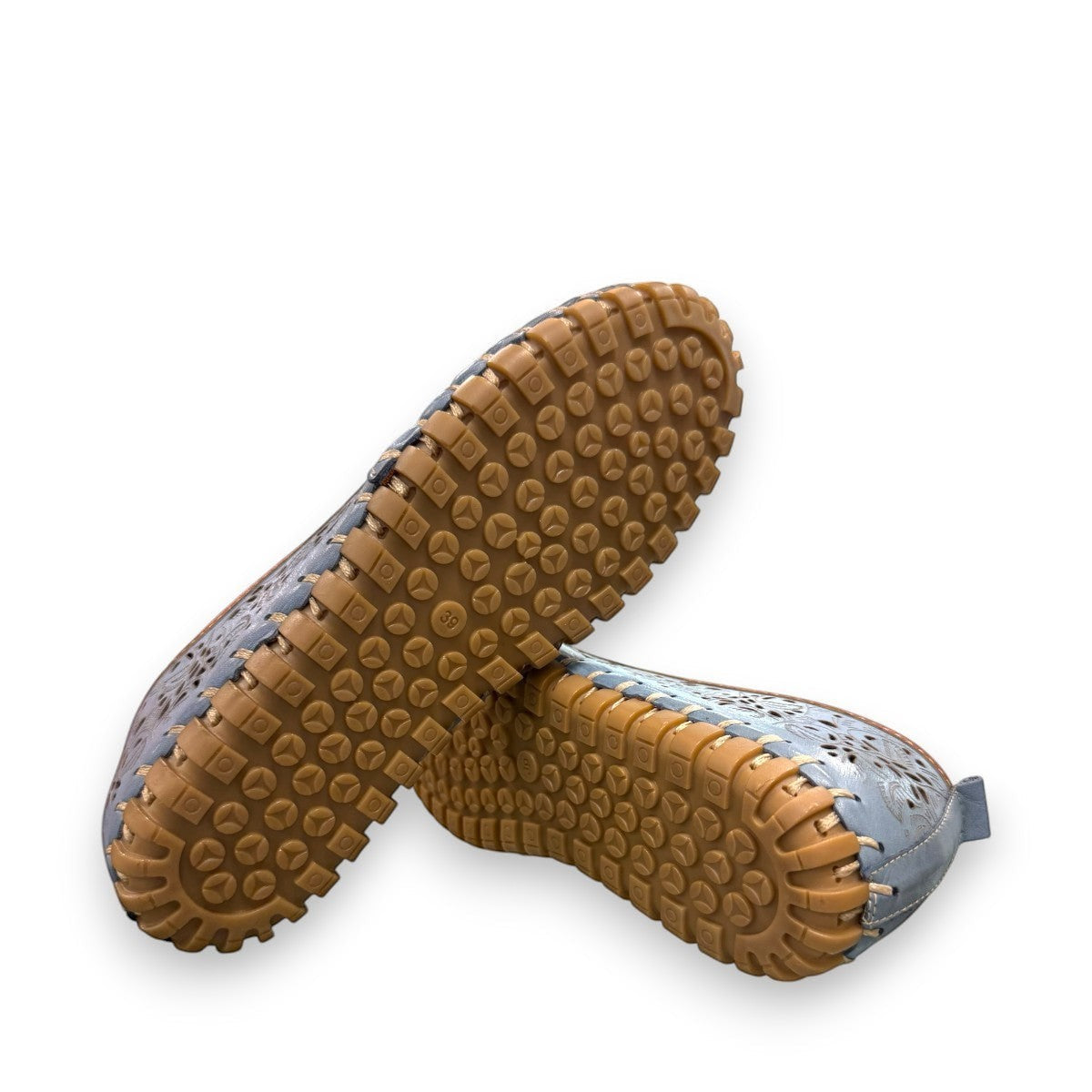 Biza Sophie denim blue leather slip-on loafer with laser cut floral detailing and moccasin stitching