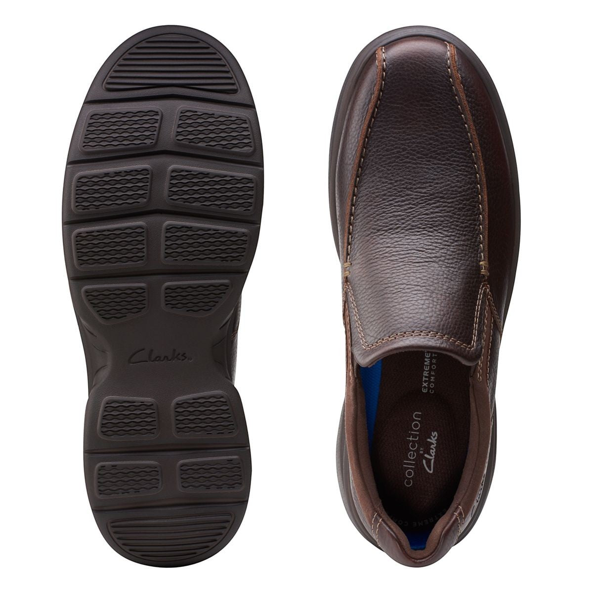 Clarks Bradley Step brown tumbled leather slip-on shoe with elastic gores and cushioned sport sole. top view.