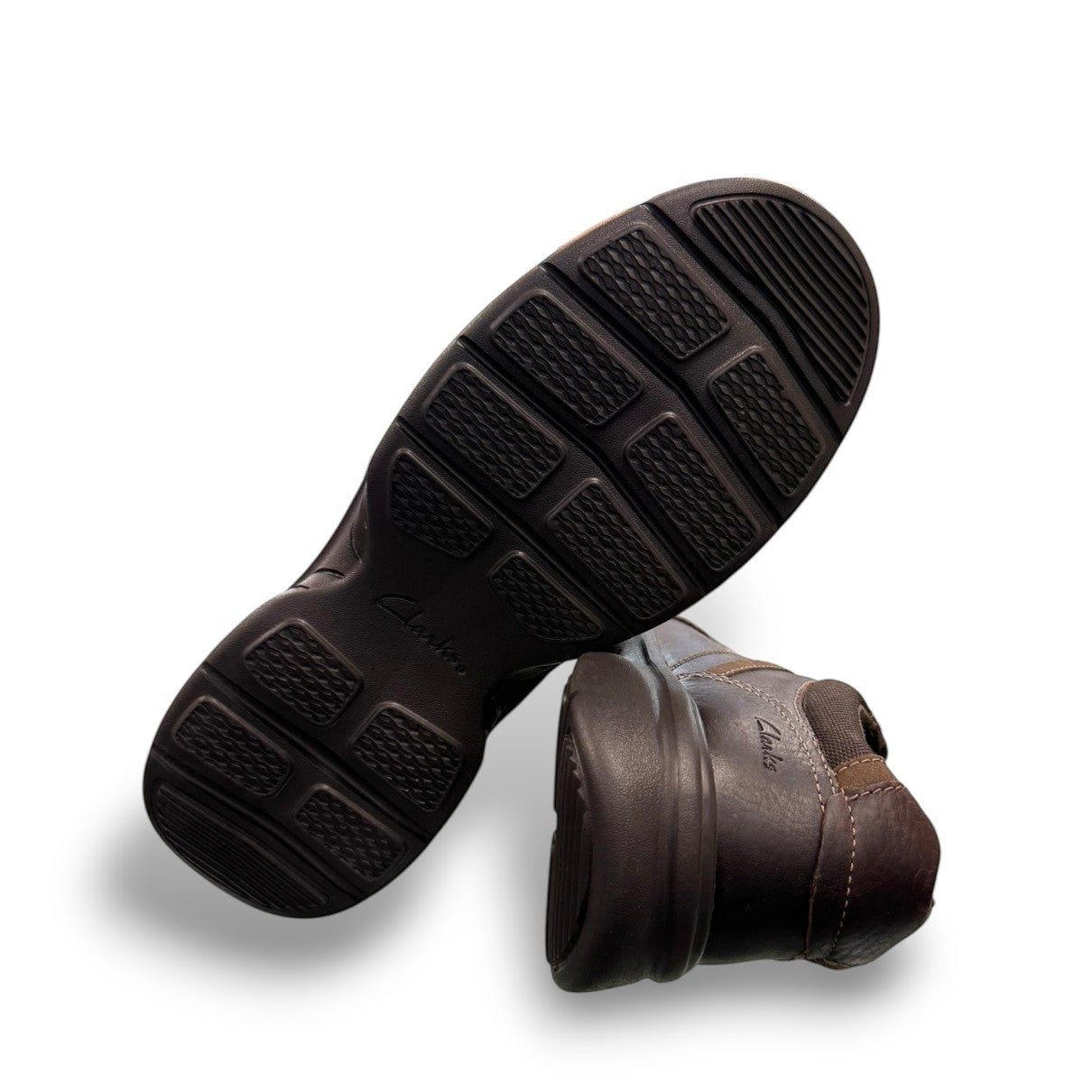 Clarks Bradley Walk brown tumbled leather lace-up shoe with padded collar and lightweight EVA outsole.
photo of the bottom.