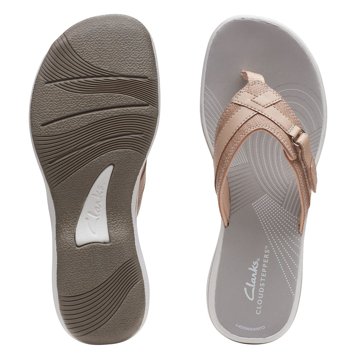 Clarks Breeze Sea beige flip-flops with a lightweight sole and adjustable strap closure for summer wear. top view.
