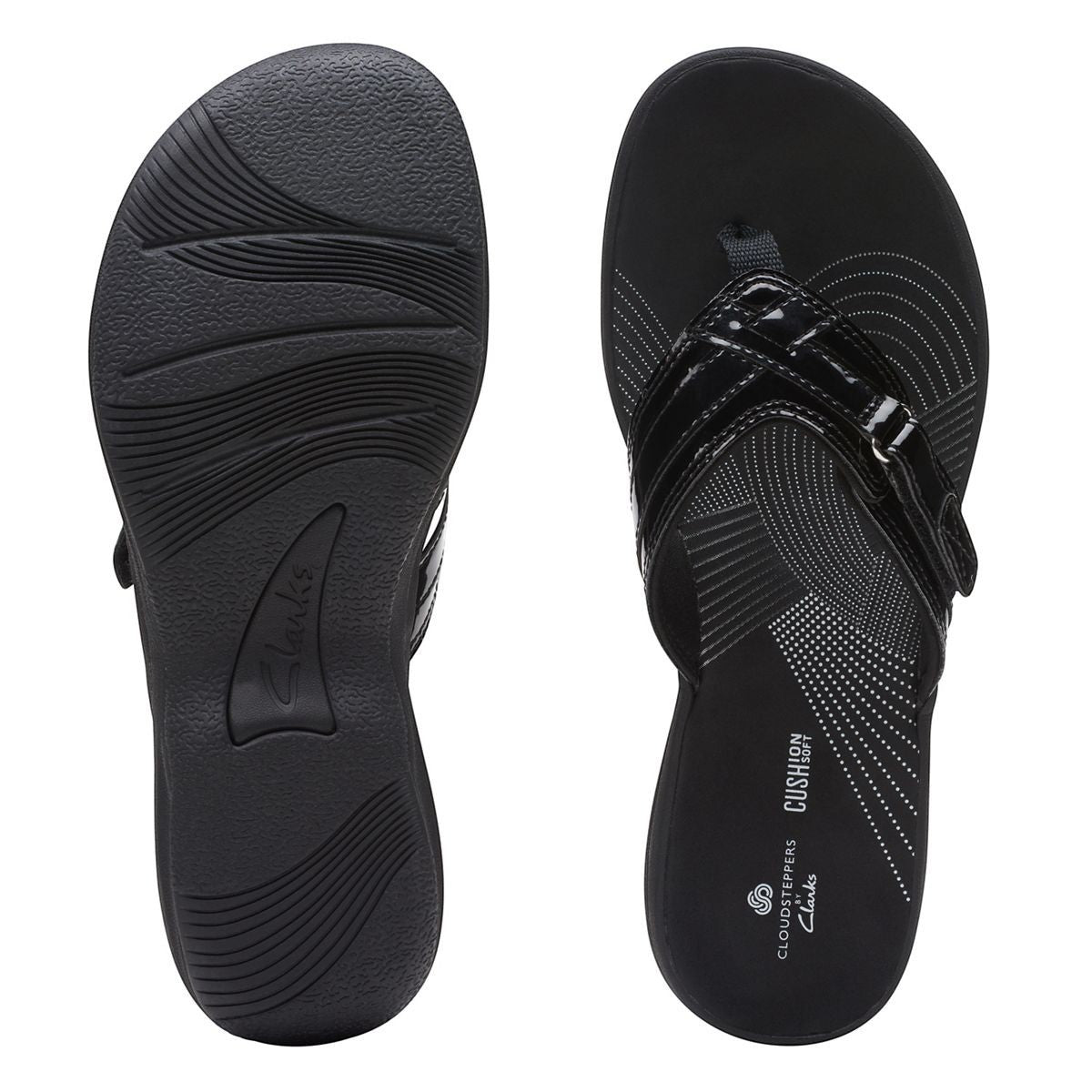 Clarks Breeze Sea black patent flip-flops with a lightweight sole and adjustable strap closure. bottom view.