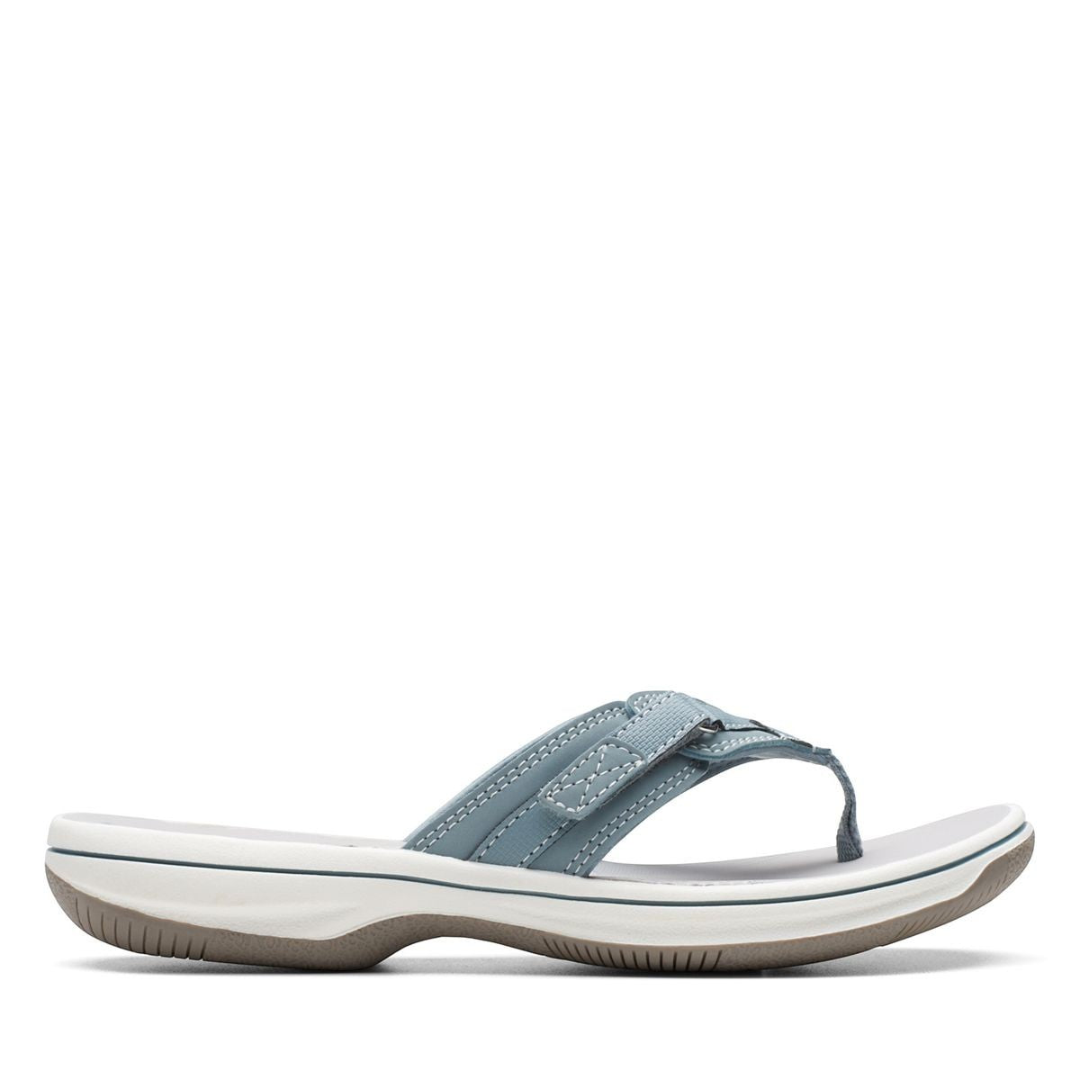 Clarks Breeze Sea flip-flops in blue gray with a lightweight sole and adjustable strap closure. right view.