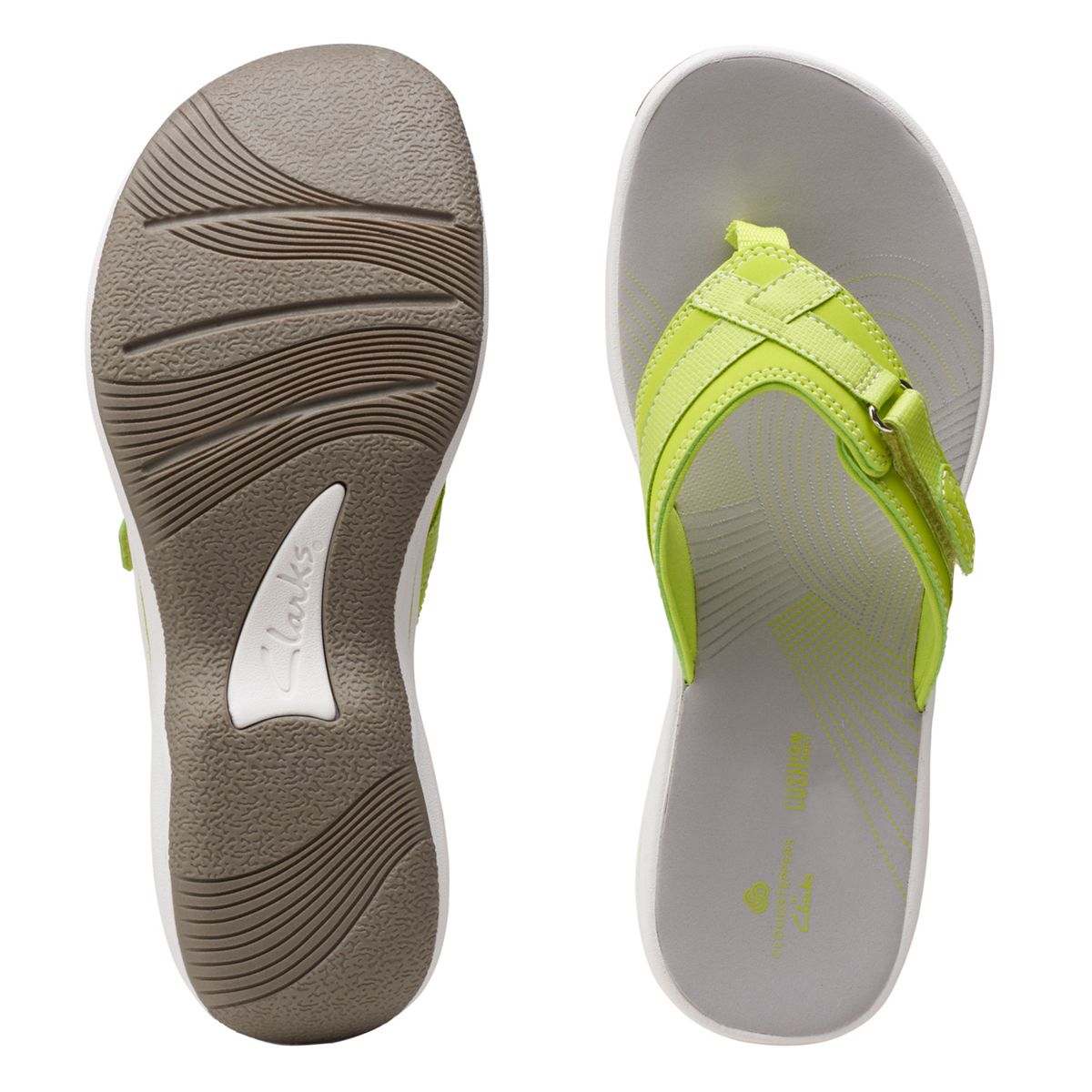 Clarks Breeze Sea lime green flip-flops with a lightweight sole and adjustable strap closure. top view.