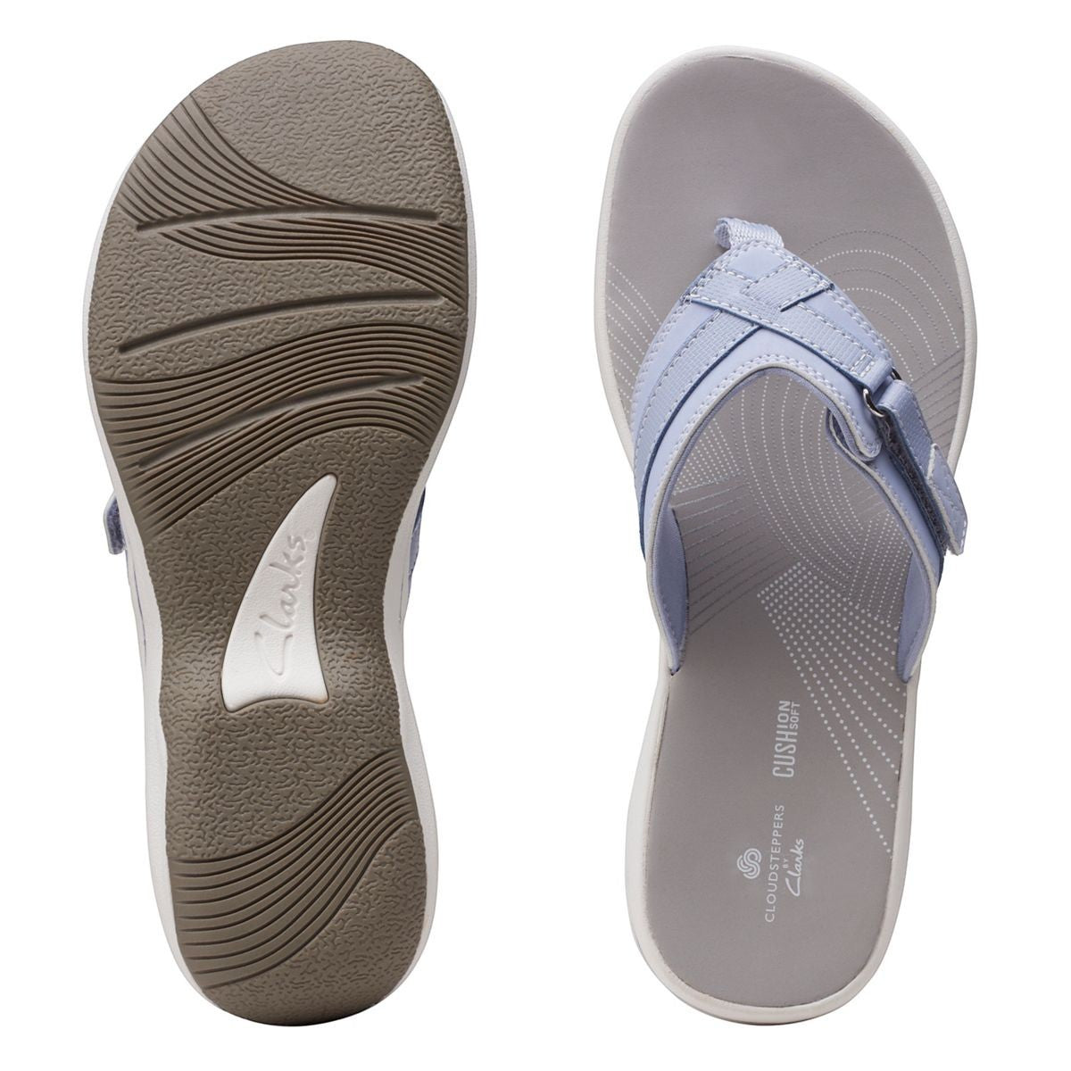 Clarks Breeze Sea flip-flops in powder blue with a lightweight sole and adjustable strap closure. top view.