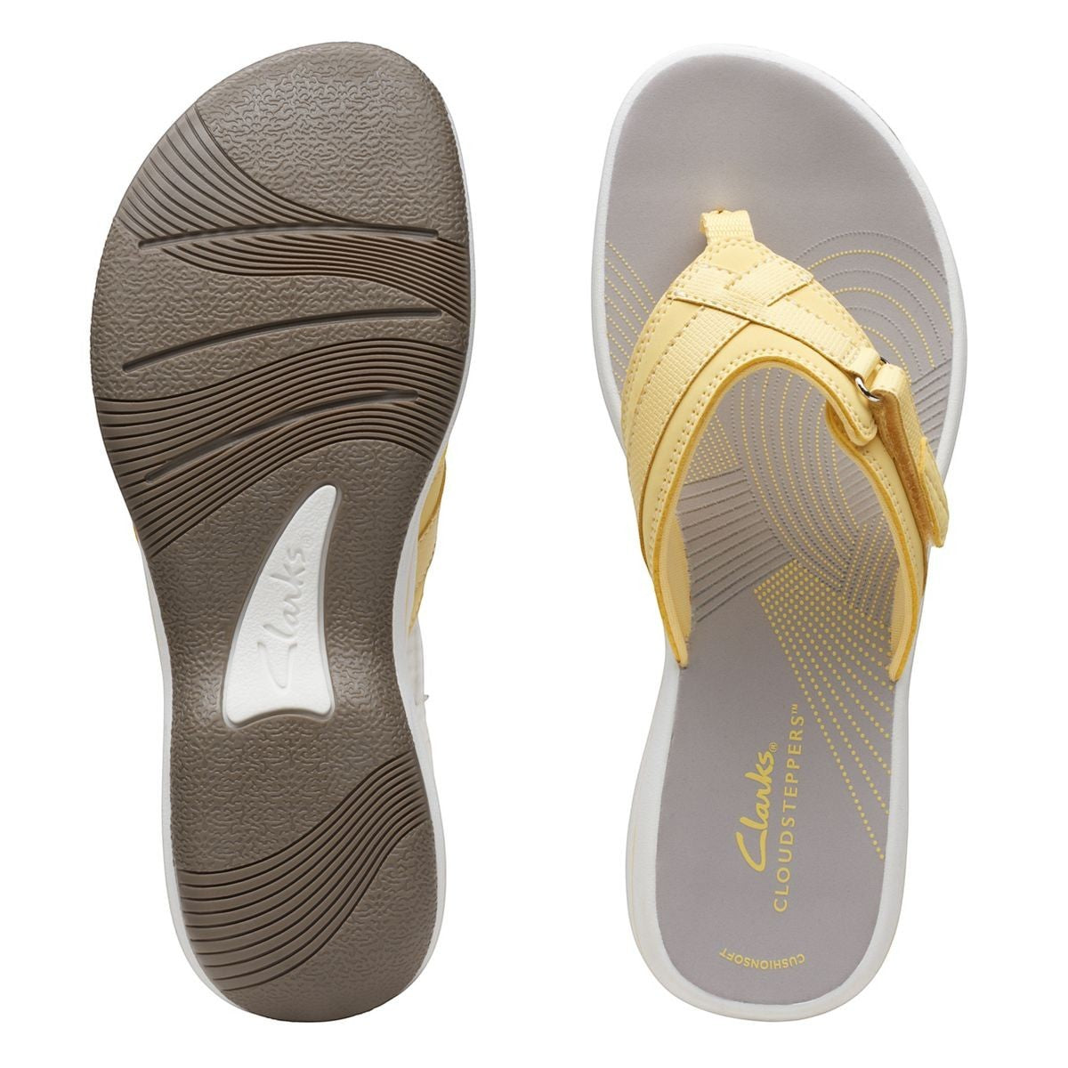 Clarks Breeze Sea yellow flip-flops with a lightweight sole and adjustable strap closure. top view.