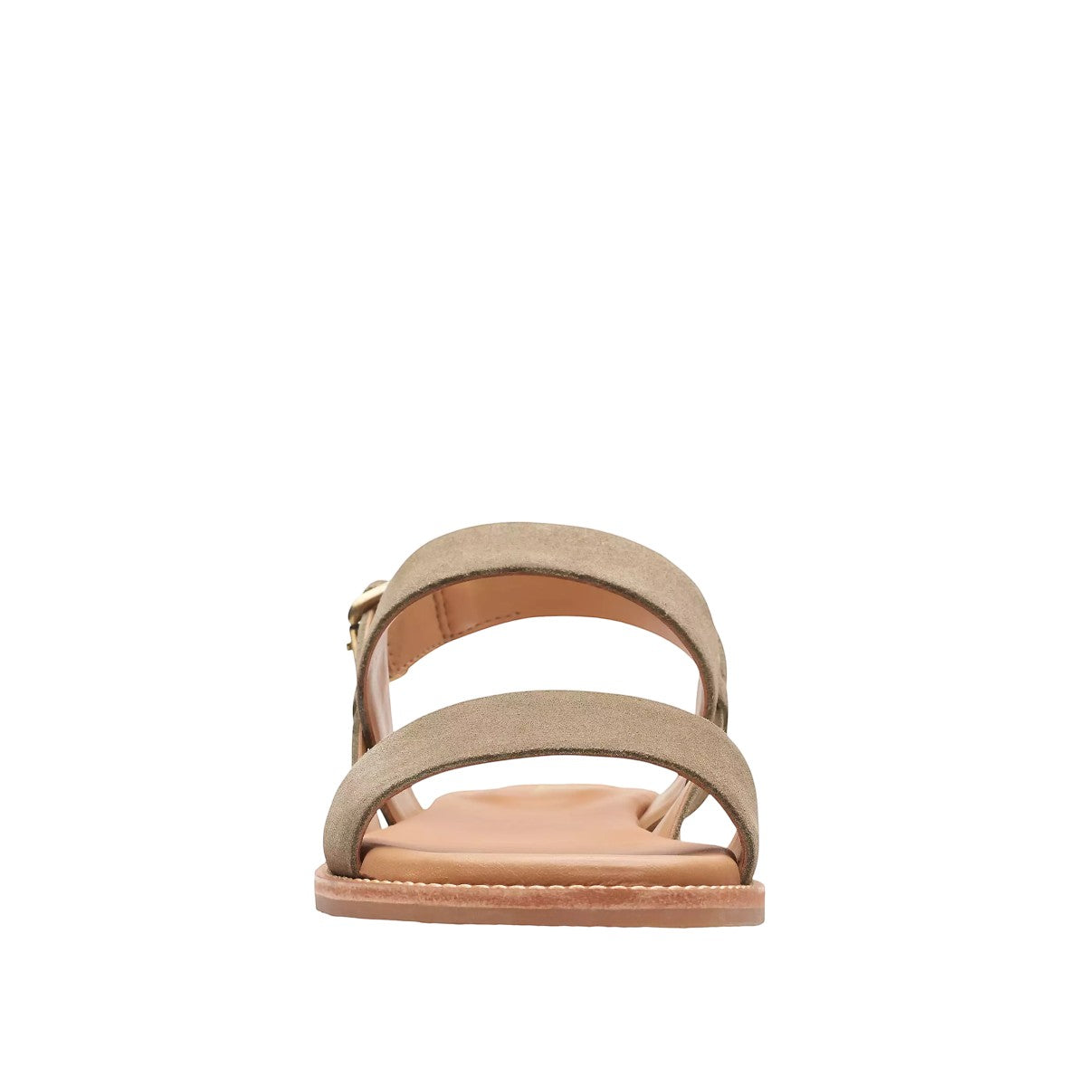 Clarks Karsea Strap olive suede sandal with adjustable ankle buckle and cushioned footbed. front view.