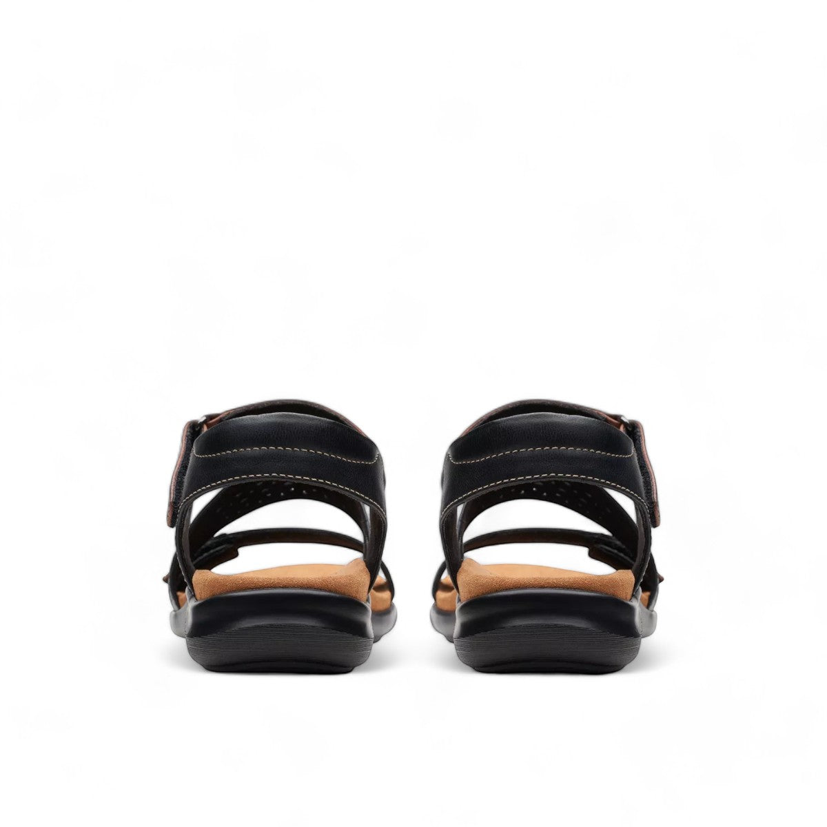 Clarks Kitly Way black leather sandal with laser-cut details, adjustable straps, and cushioned footbed. back view.