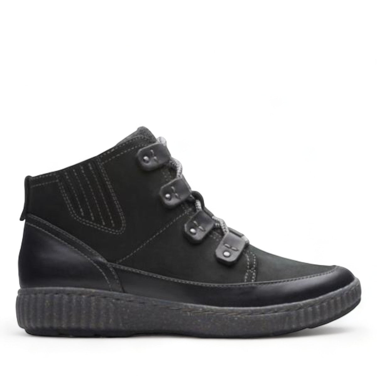 Clarks Magnolia Moon black leather ankle boot with lace-up detail, zip closure, and textured sole. right view.