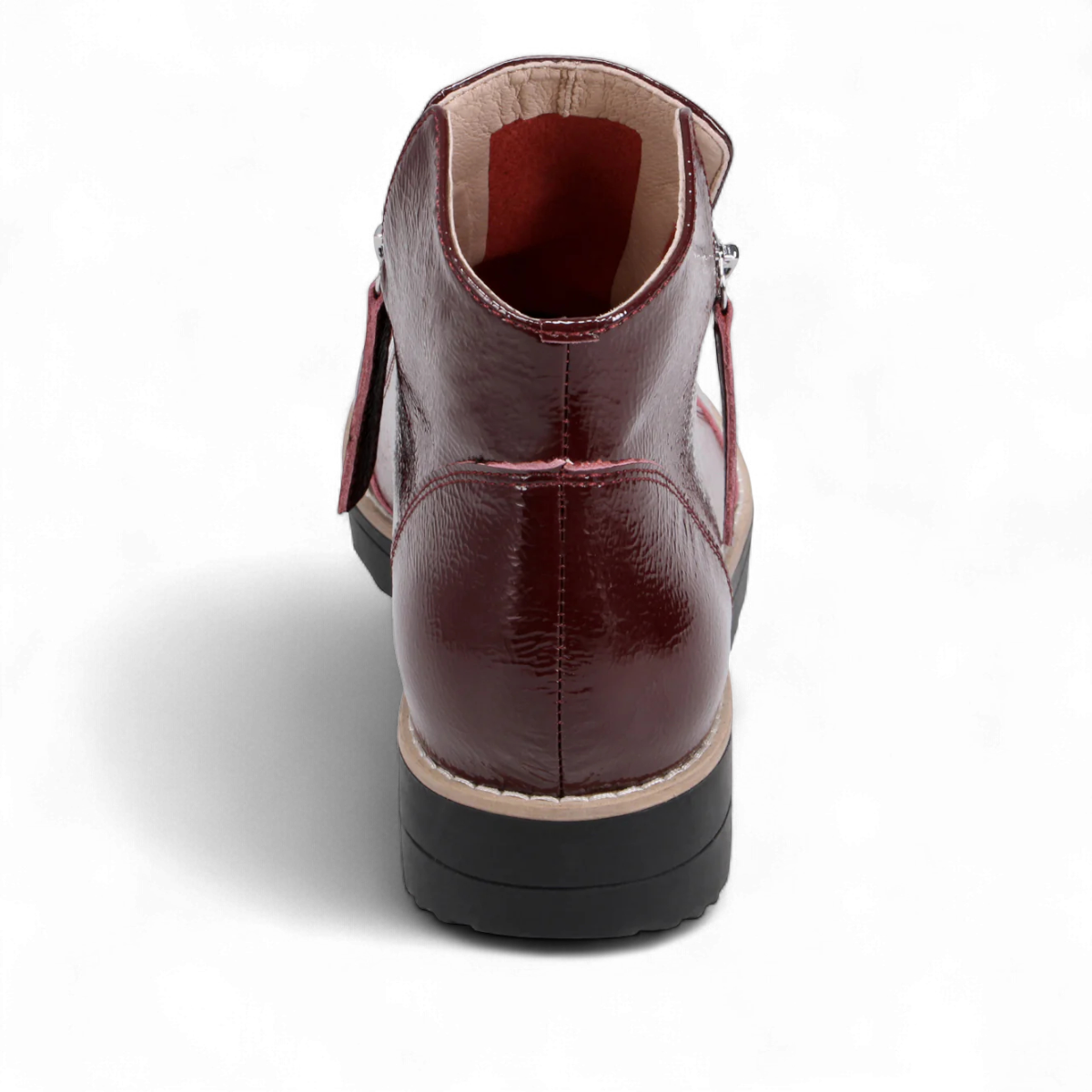 Sina Footwear DJANGO & JULIETTE wine patent leather sneaker-style ankle bootie with twin-zip and black rubber sole. Photo of back view.