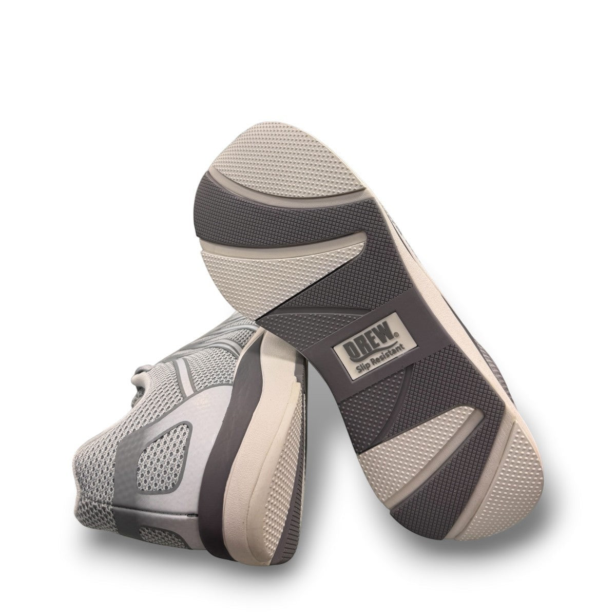 Drew Balance grey mesh combo sneaker showing the slip-resistant rubber outsole and rocker bottom design. orthopedic shoe