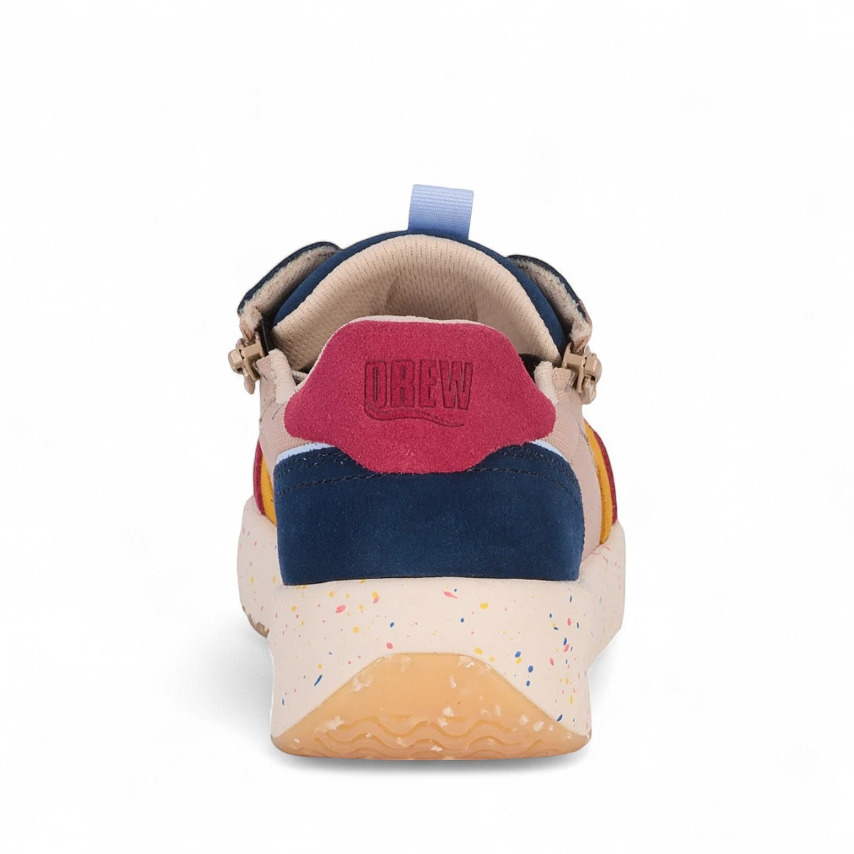 Drew Happy multicolor orthopedic sneaker, rear view showing padded heel, side zippers, and speckled sole.