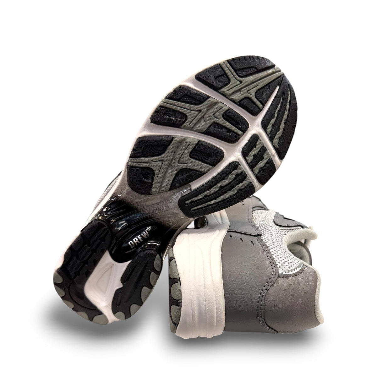 Drew Lance grey mesh combo walking shoe showing the durable rubber rocker bottom outsole and dual shank system.