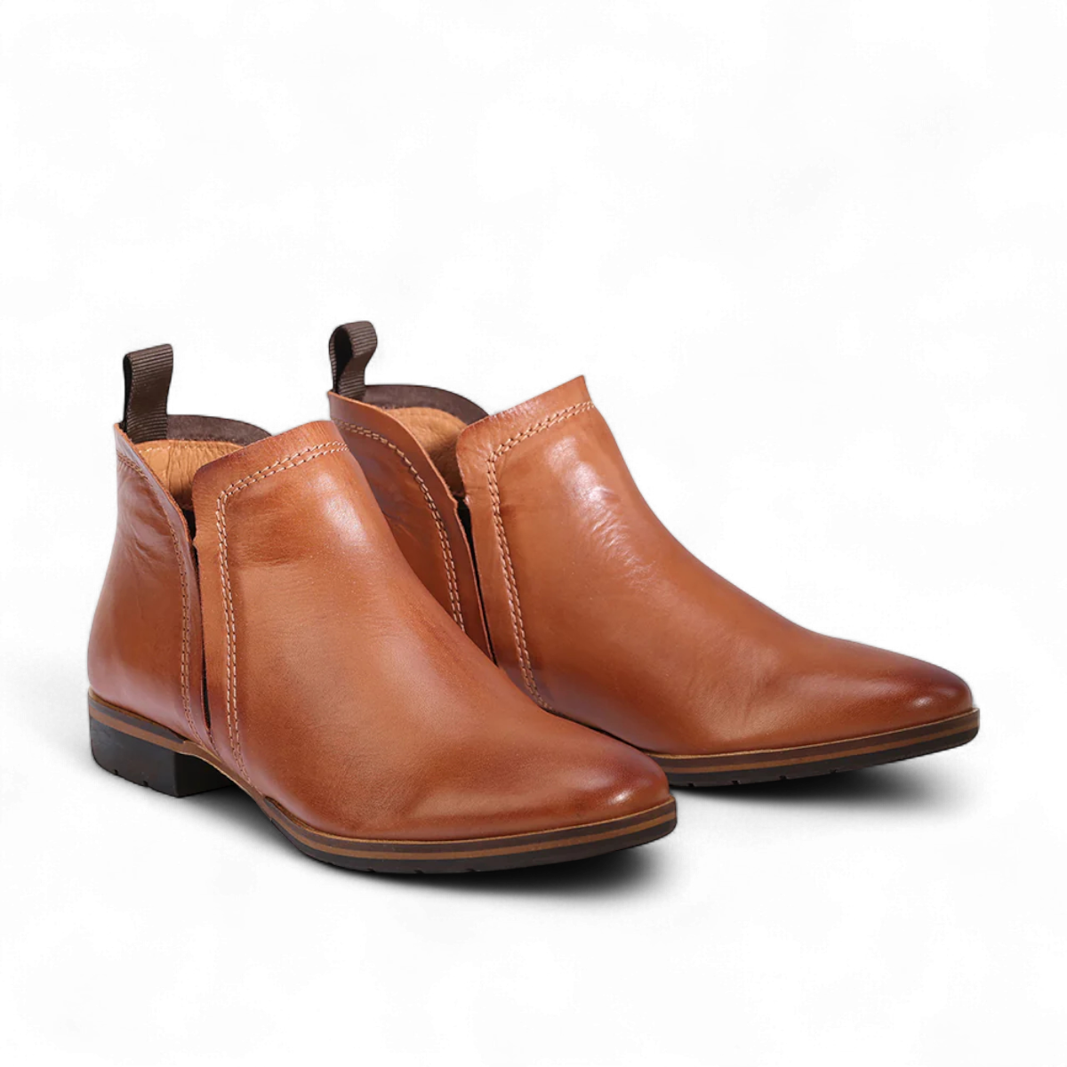 EOS MELBORN GAID brandy leather ankle boots with elastic side gussets and a pull tab on a rubber outsole. Photo of side views.