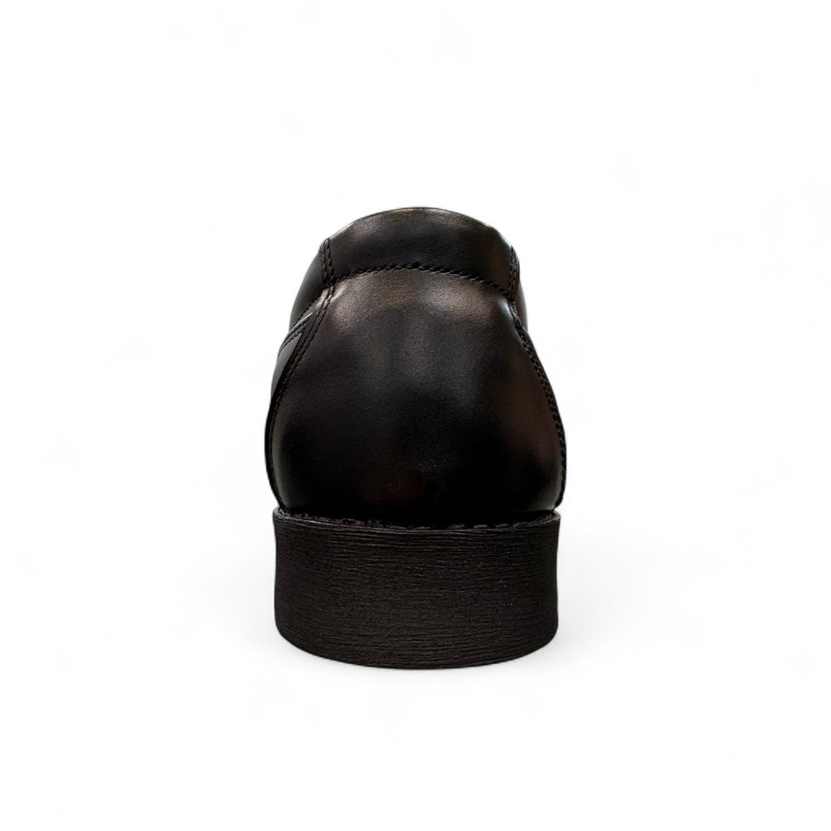 EXON ISFAHAN black leather slip-on men's shoes with rubber outsole and side logo detail. Photo of back view.