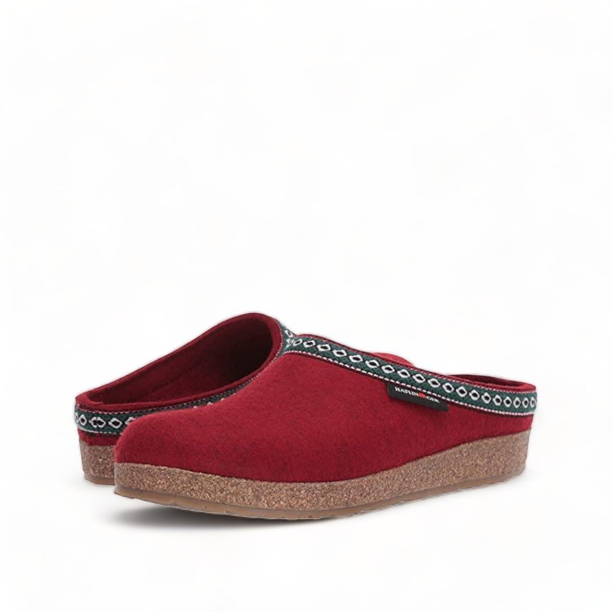 Haflinger GZ burgundy wool felt clogs with cork midsole and decorative trim