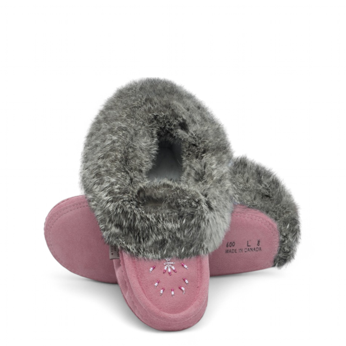 LAURENTIAN CHIEF MOCASSINS FUR TRIM, BEADED, PADDED SOLE - FLAMINGO