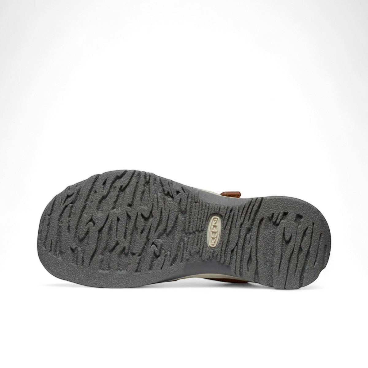 KEEN WOMEN'S ROSE SANDAL- ROASTED PECAN/BIRCH. Brown leather caged sandal with adjustable straps and toe bumper.