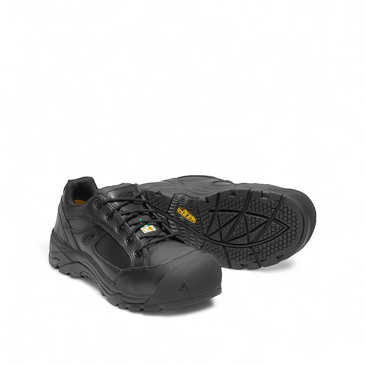 KEEN MEN'S CSA-ROSSLAND black leather composite toe work shoes with slip-resistant sole. Designed for warehouse and manufacturing.
