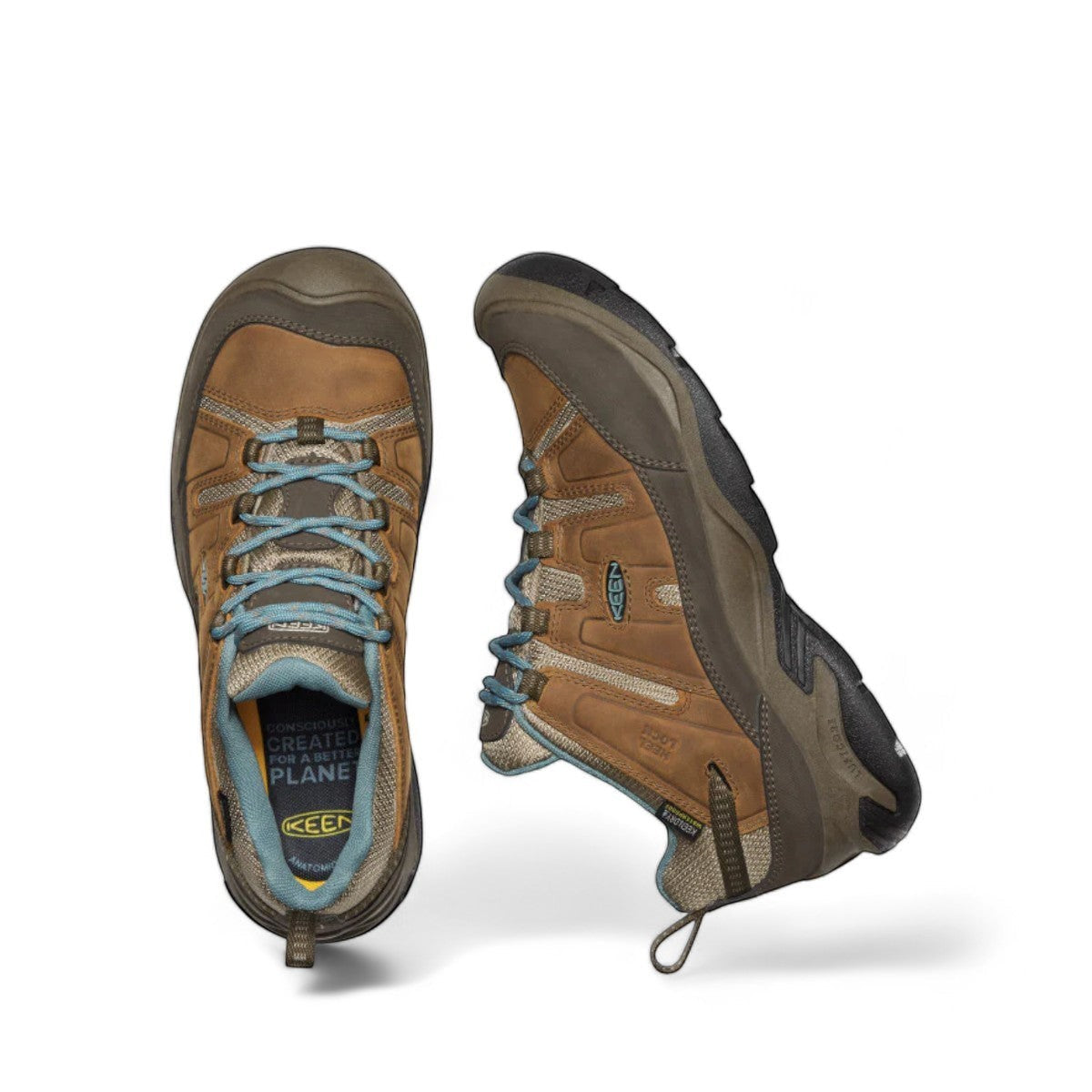 KEEN WOMEN'S CIRCADIA waterproof hiking shoe in syrup brown leather with blue accents and a grippy outsole.