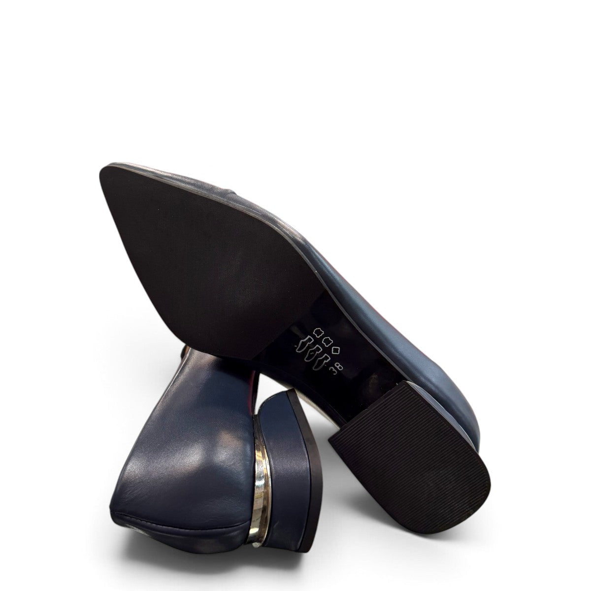 LouJo Betty navy leather pump with a pleated pointed toe and low sculpted metallic heel