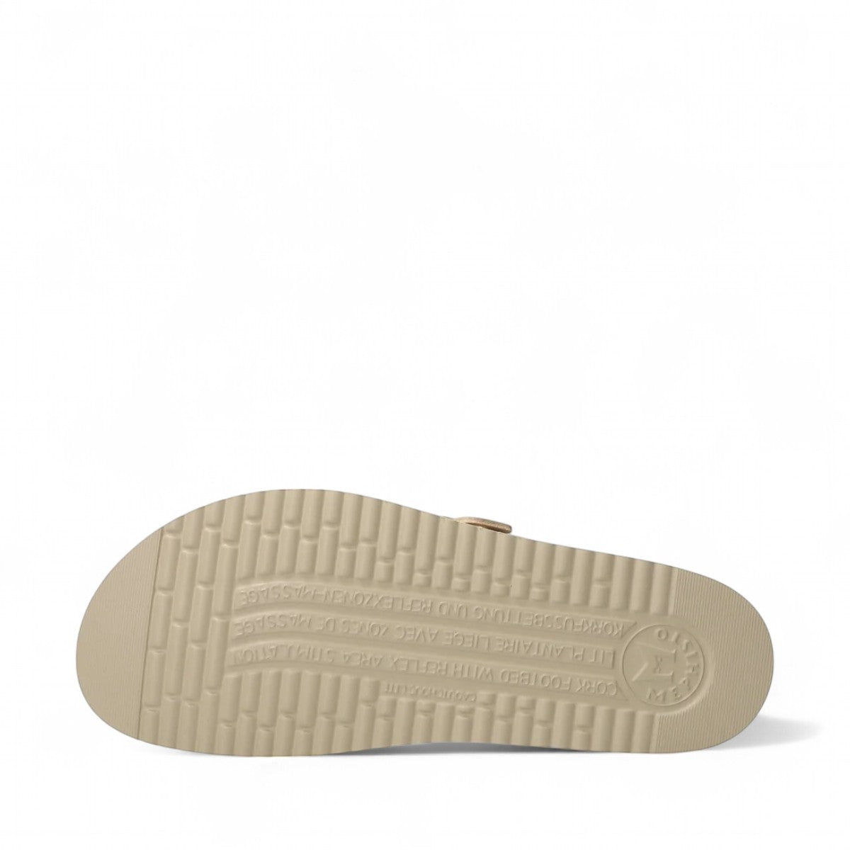 Mephisto Helena Perf gold vega sandal showing the textured EVA shock-absorbing outsole with brand branding