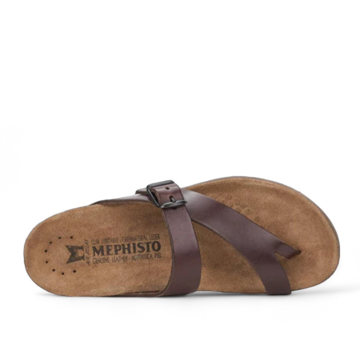 Mephisto Helen chestnut leather thong sandal with adjustable buckle strap and cork footbed