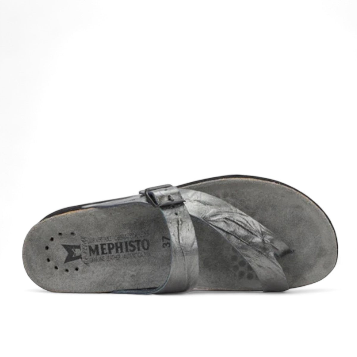 Mephisto Helen grey full-grain leather thong sandal with adjustable buckle and cork midsole