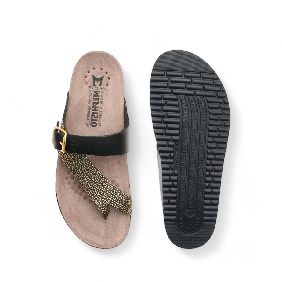 Mephisto Helen Mix gold and black leather toe post sandals with adjustable buckle and cork midsole