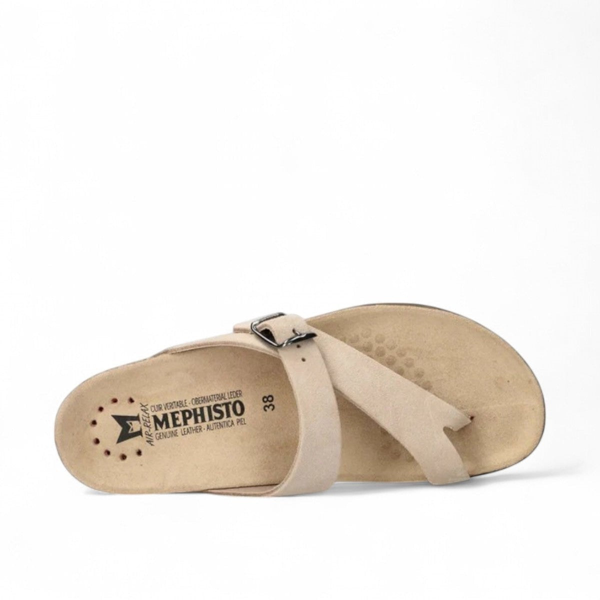 Mephisto Helen light sand leather toe-post sandal with adjustable buckle and cork midsole