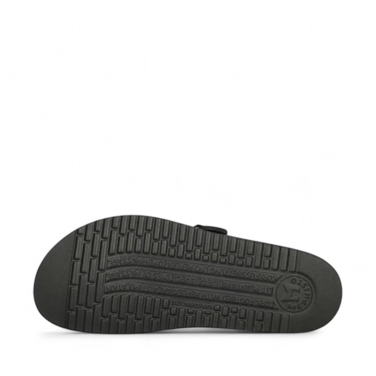 Mephisto Helena Perf black sandal showing the textured shock-absorbing EVA outsole with brand branding