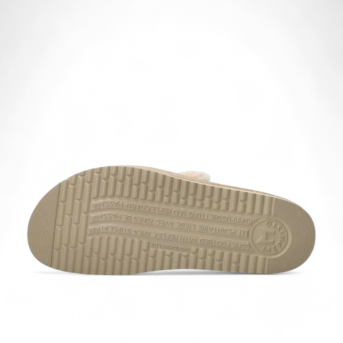 Mephisto Hemeline light taupe sandal showing the textured rubber outsole with reflex zone branding