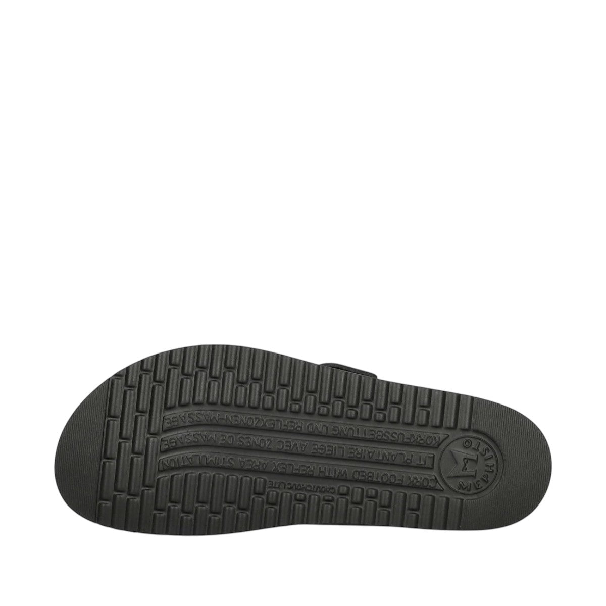 Mephisto Hester Perf black mule sandal showing the textured rubber outsole with reflex zone patterns