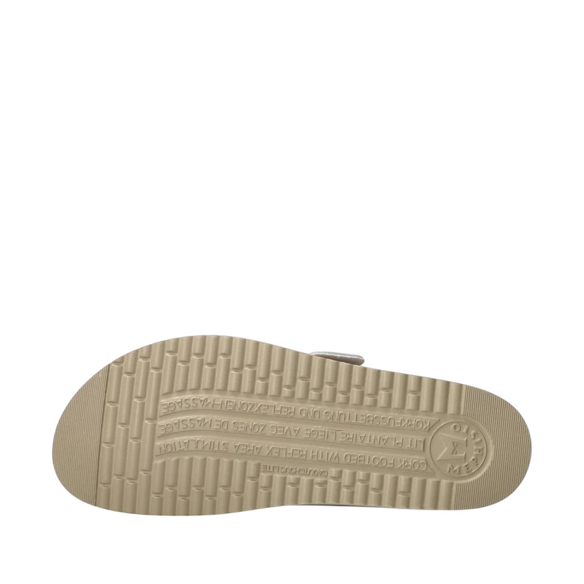 Mephisto Hester platinum bahia leather sandal showing the textured rubber outsole with reflex zone massage