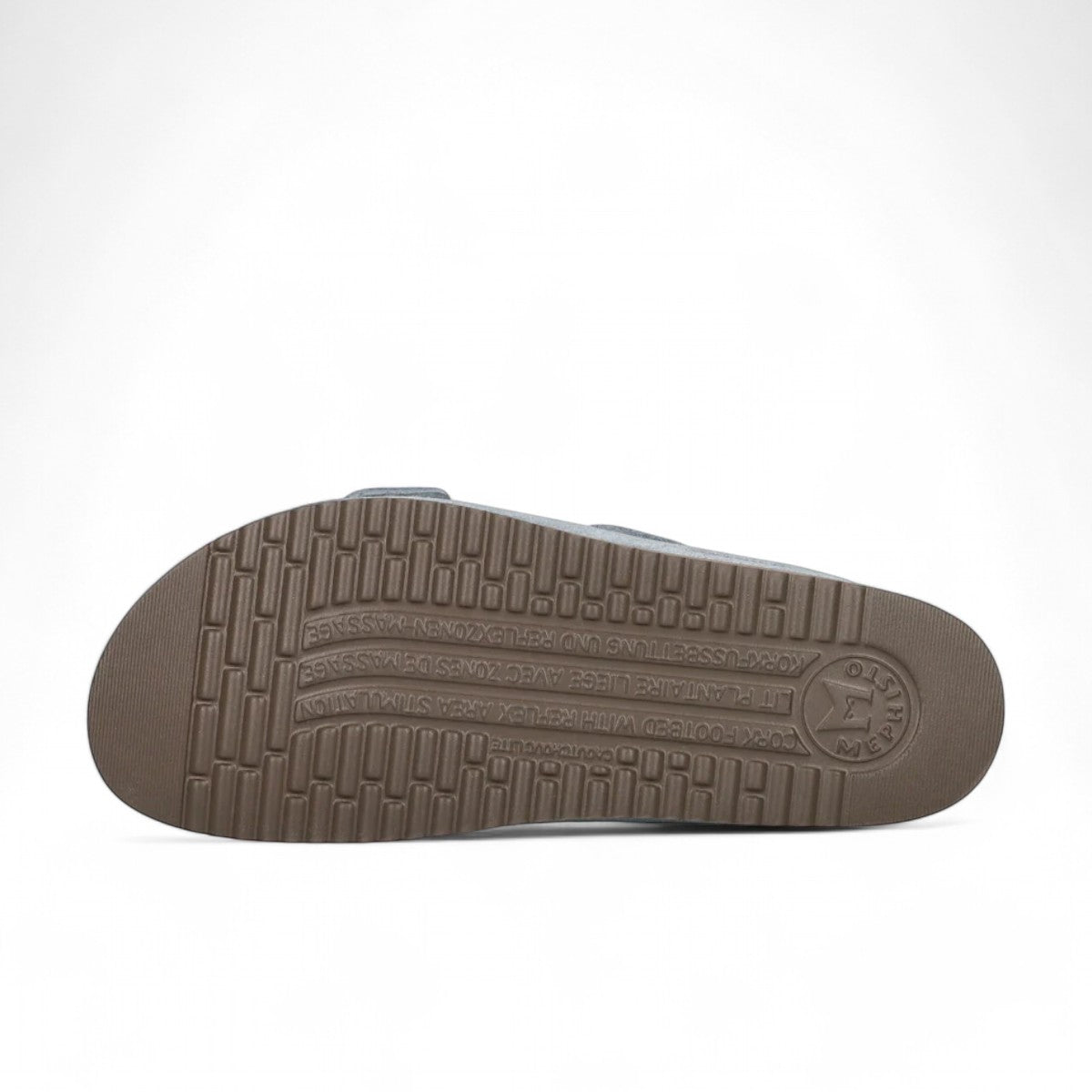 Mephisto Hester sea blue suede sandal showing the brown textured rubber outsole and cork footbed.