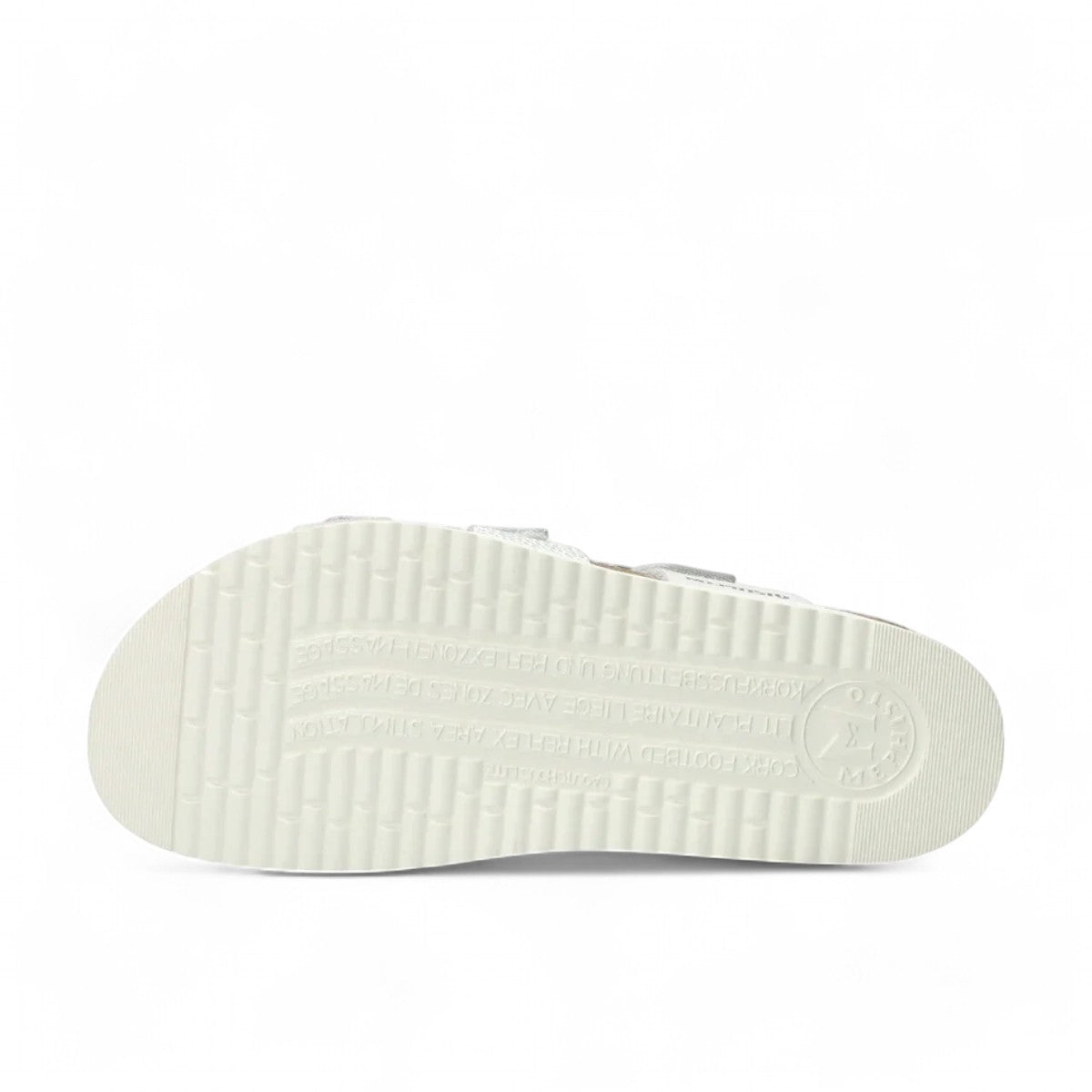 Mephisto Hyacinta silver leather sandal showing the textured white rubber sole with reflex area branding