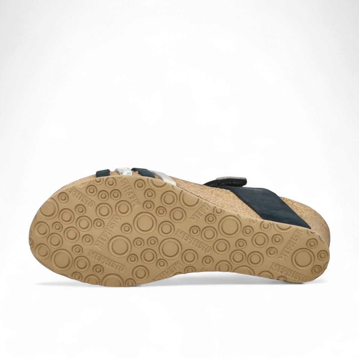 Mephisto Lucia navy leather wedge sandal showing the textured rubber sole and cork footbed