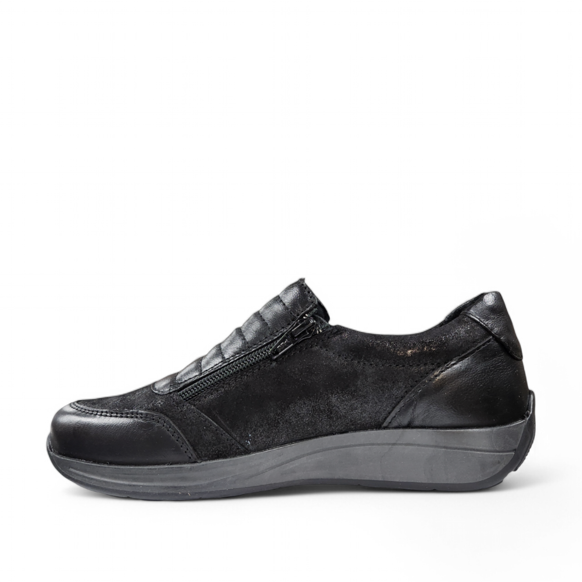 Milano Tavi 09 black metallic leather walking shoe with double zipper and cushioned sole. Photo of left side view.