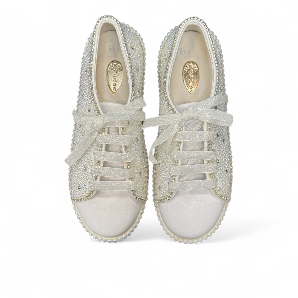 Nikpa Sofi white bridal platform sneaker with pearl and rhinestone embellishments on a thick sole